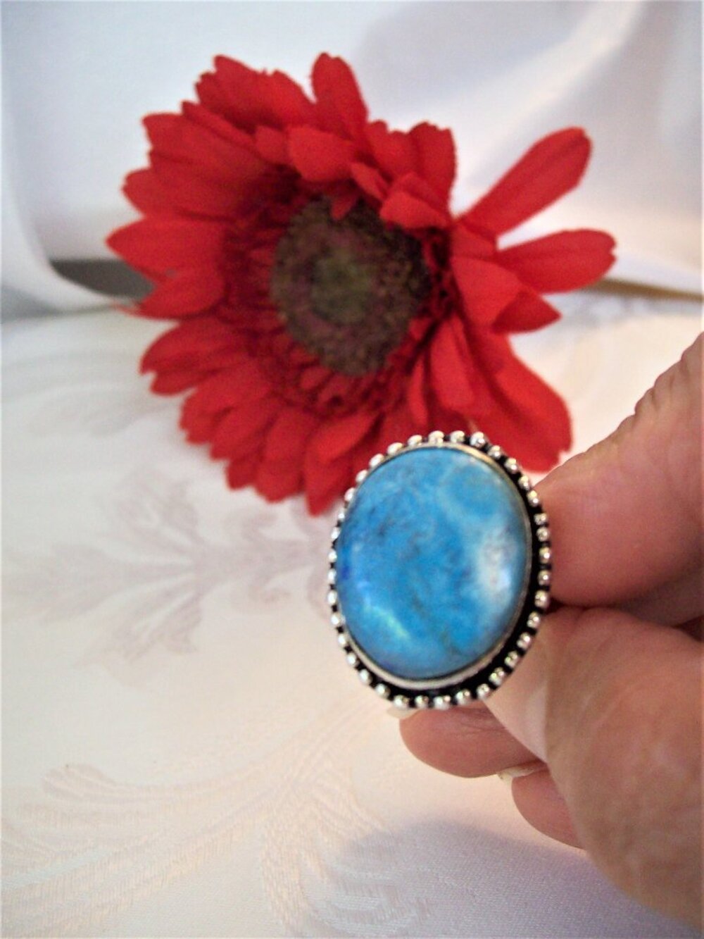 New Handcrafted Large Marbled Turquoise-Blue Agate Sterling Silver Ring